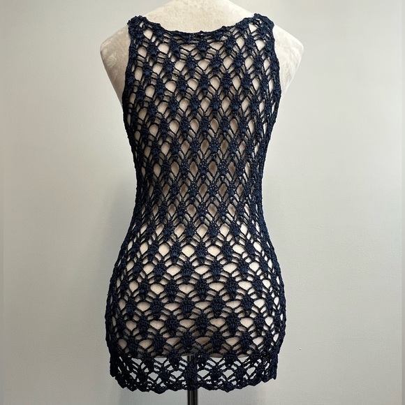 Navy Blue Heavy Knit Nylon Crochet Top Women’s Size Small Crochet Coverup - Picture 5 of 10